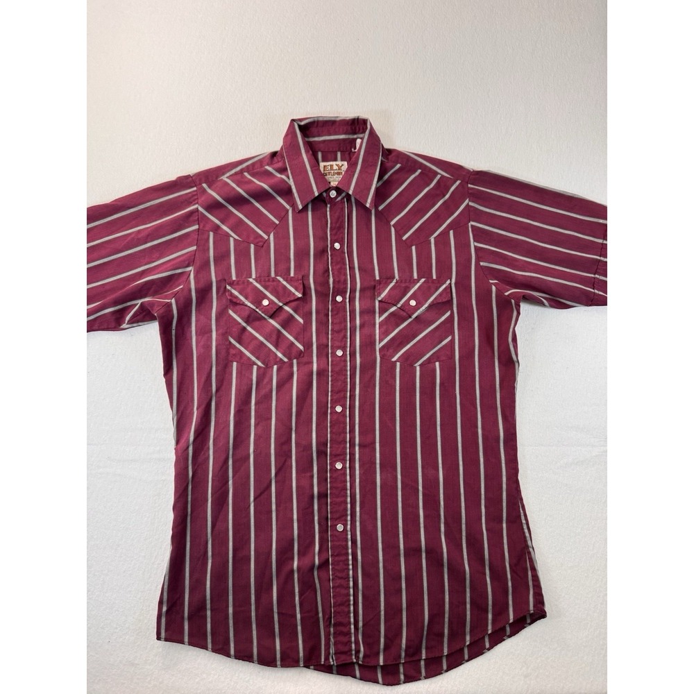 Ely Cattleman Mens Pearl Snap Button Up Shirt M Maroon Striped Cowboy Western